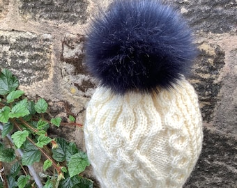 UK Made. Spare Blue Black Faux Fur 17 cm Pom Pom Bobble for hat with press stud. long fur. Large Detachable pom pom.  Now in 5 sizes 77 cols