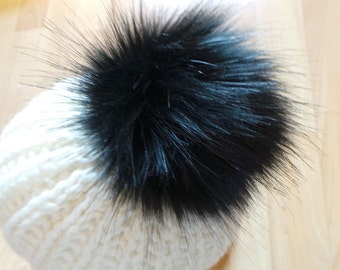 UK Made Spare Black & black Aurora Faux Fur 16cm +17cm Pom Bobble for hat with press stud. Extra long fur. Large Detachable pom pom. 77 cols