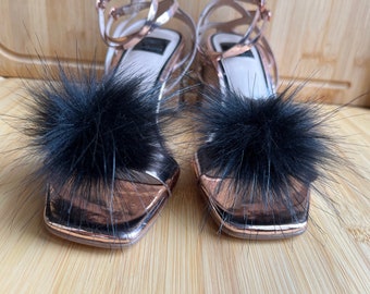 Small Pair of Pom Pom Shoe Clips Black Faux Fur 9 to 13 cm pom pom. More colours and sizes are available.