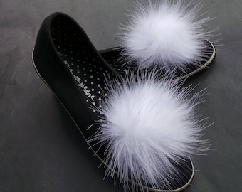 Pair of Pom Pom Shoe Clips in Snow White fur Faux Fur pom pom. 37 colours in 2 sizes available