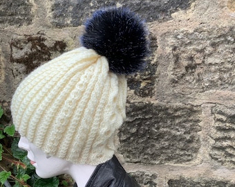 UK Made. Spare Electric Black Faux Fur 16 Pom Pom Bobble for hat with press stud. long fur. Large Detachable 16 cm pom pom. 73 colours