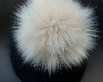 UK Made. Spare Beige Husky Faux Fur 16cm Pom Pom Bobble for hat with press stud.long fur. Large Detachable 16cm pom pom, 77 colours