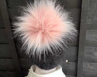 UK Made. Pink Champagne 22 cm Pom Pom Bobble for hat with press stud. Extra long fur. Large Detachable 22cm  pom pom. 73 colours