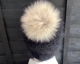 UK Made. 16 cm Pom Pom Desert fox faux fur Bobble for hat with press stud. Extra long fur. Large Detachable pom pom. 77 colours