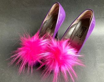 Pair of Pom Pom Shoe Clips Cerise Faux Fur pom pom. 55 colours in 2 sizes available.