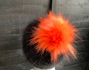 UK Made. 18cm Pom Pom Bucks Fizz faux fur Bobble for hat with press stud. Extra long fur. Large Detachable orange pom pom. 73 colours