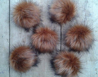 UK made. Spare Bronze Bear Faux Fur pom poms for Hat with press stud. Extra long Fur. Detachable pom pom 77 colours