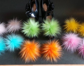 Small Pair of Pom Pom Shoe Clips Faux Fur 7 to 12 cm pom pom. 8 colours Lime Orange Pink Aruba Royal Blue Yellow 2 sizes available