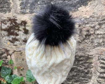 UK Made. Spare Aurora Black Faux Fur 20cm Pom Pom Bobble for hat with press stud. long fur. Large Detachable 20 cm pom pom. 77 colours