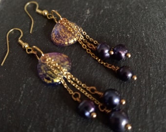 Black Pearl Earrings Bridesmaids Earrings Black Fresh Water Pearl Earrings Bridesmaid gift Gold Pearl Earrings, Gold Bridal Pearl Earrings