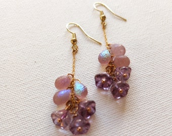 Purple Flower Earrings for Friend  Christmas Earrings Frosted Glass Purple Earrings Gold Christmas Earrings Frosted Glass Earrings Gift