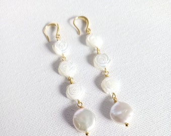 Bridal White Pearl Earrings Mother of pearl earrings Carved  Rose Mother of Pearl earrings Beach Wedding bridal earrings white pearl jewelry