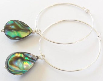 30mm Silver Hoops Abalone hoop earrings Real abalone hoops earrings  abalone jewelry abalone earrings abalone teardrop hoops  gift for her