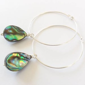 30mm Silver Hoops Abalone hoop earrings Real abalone hoops earrings  abalone jewelry abalone earrings abalone teardrop hoops  gift for her