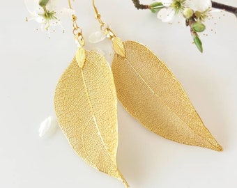 Real leaf earrings, 24K gold leaf earrings gold dipped leaf earrings natural jewelry woodland jewelry wedding jewelry gift for girlfriend