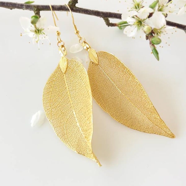 Pendientes de hoja real, pendientes de hoja de oro de 24K pendientes de hoja bañados en oro joyería natural joyería de bosque joyería de boda regalo para novia