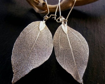 Real Leaf Earrings, Silver Dipped Leaf Earrings, Silver Leaf Earrings, Real Leaf Jewelry