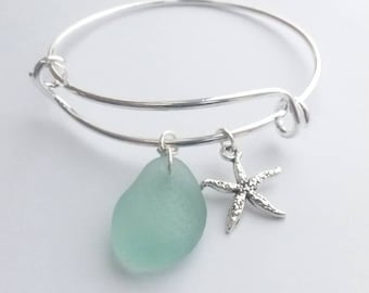 Personalized Bangle Genuine Sea Glass Bracelet Charms Bracelet Irish Sea Glass Genuine Sea Glass Jewelry Beach Glass Jewelry Ocean Jewelry
