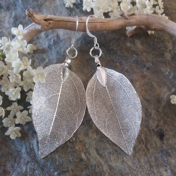 Real leaf earrings, sterling silver, silver dipped leaves natural jewelry, woodland jewelry, wedding jewelry, bridal earrings gift for her