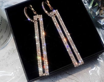 Crystal Rhinestone Earrings Long Crystal Earrings Silver Rhinestone Earrings Crystal Geometrical Earrings Rectangular Crystal Earrings