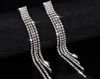 Crystal Rhinestone Earrings Long Crystal Earrings Silver Rhinestone Earrings Long Tassel Rhinestone Earrings Statement Drop Earrings Wedding