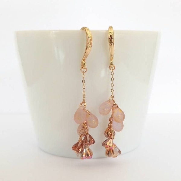 Blush Pink Earrings Gold Floral Earrings Gold Flake Earrings Spring Earrings Feminine Earrings Teardrop Gold Flakes Earrings Bridesmaids