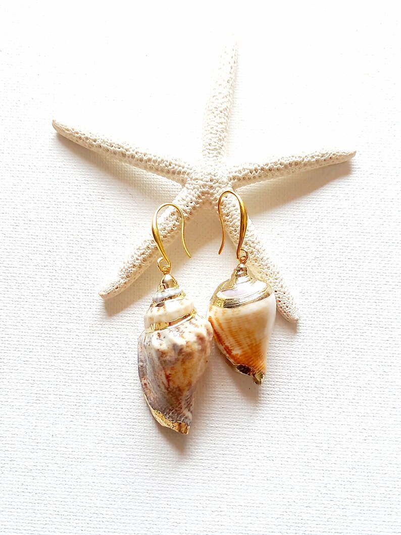 May include: Gold shell earrings with a white starfish on a white background.