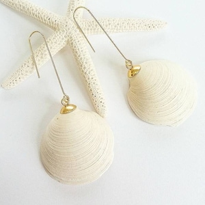 May include: A pair of white seashell earrings with gold accents. The earrings are hanging from gold hooks.