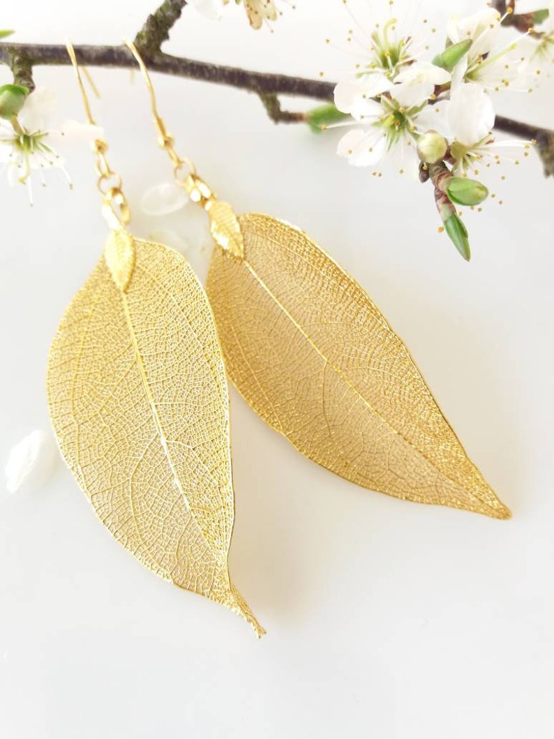 Real leaf earrings 24K gold leaf earrings gold dipped leaf Etsy