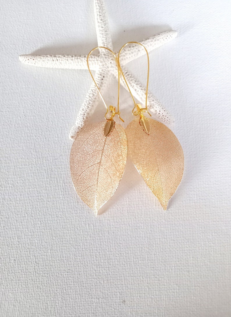 Real leaf earrings Gold dipped real leaf earrings Gold leaf Real leaves earrings Gold Real leaf earrings woodland jewelry natural jewelry image 1