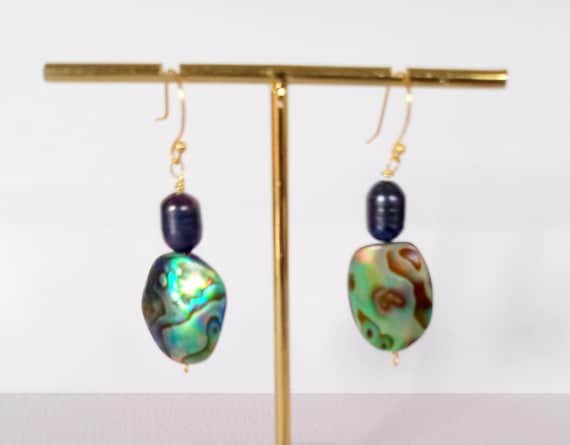 Abalone earrings abalone and black pearl earrings  abalone jewelry abalone earrings  wedding abalone teardrop bridal earrings gift for her