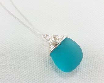 Aqua Sea Glass Necklace Sterling Silver| Sea Glass Jewelry | Bridesmaid Maid of Honor Gift | Beach Glass Sea glass Jewelry | Beach Wedding