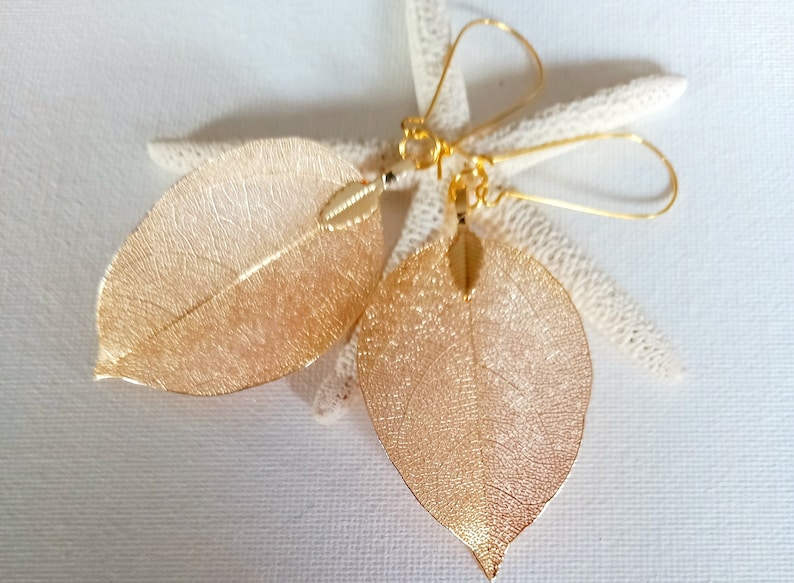 Real leaf earrings Gold dipped real leaf earrings Gold leaf Real leaves earrings Gold Real leaf earrings woodland jewelry natural jewelry image 3