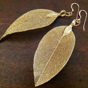 Echte bladoorbellen, 22 K bladgoudoorbellen, goudgedompelde bladeren, natuurlijke sieraden, bossieraden, huwelijkssieraden, cadeau voor vriendin afbeelding 3