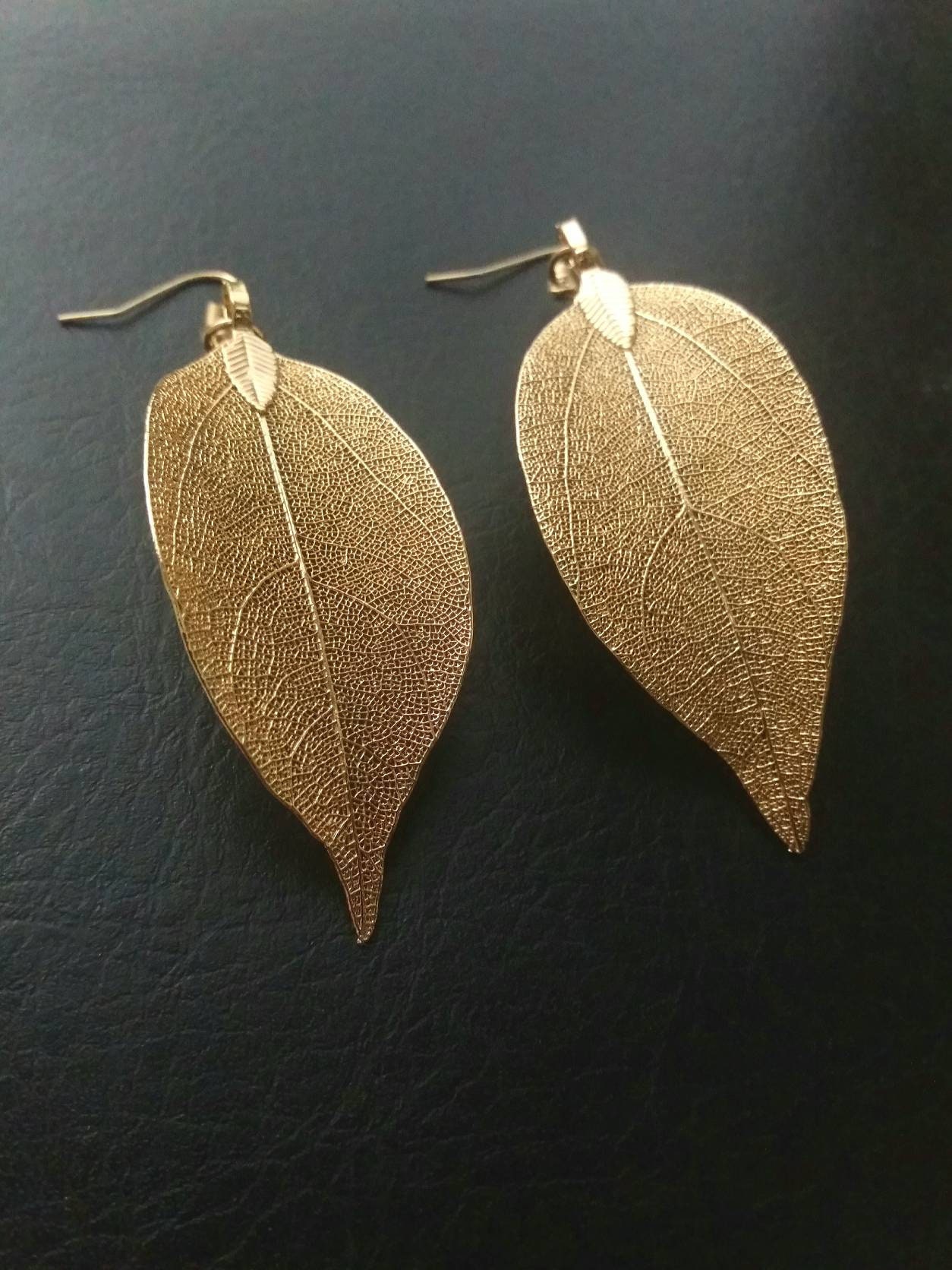 Lucchetta - Orecchini con Foglie d'Oro Vero Giallo e Bianco 9 carati, Pendenti Lunghi Eleganti, Orecchini Donna d'Oro Vero