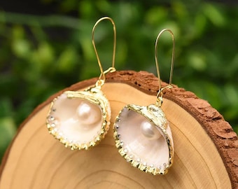 Pearl Gold Seashell Real Sea shell earrings Sea shell jewelry gold plated shell earrings gold shell earrings natural jewelry wedding jewelry