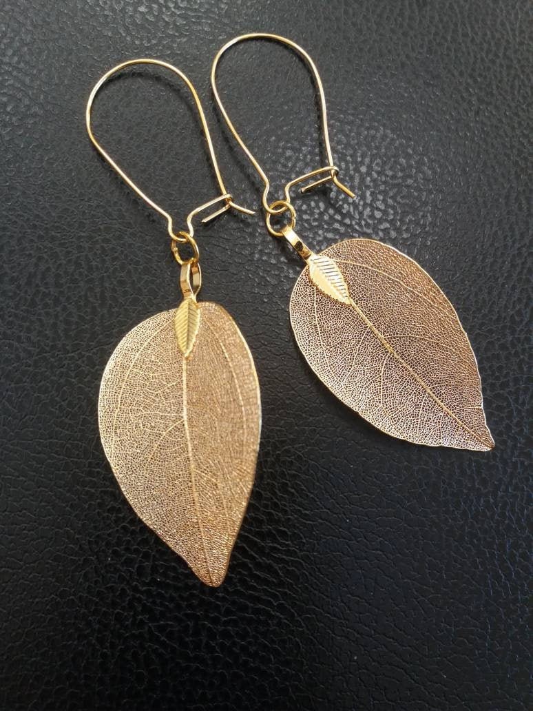 Real Leaf Earrings Gold Dipped Real Leaf Earrings Gold Leaf Etsy