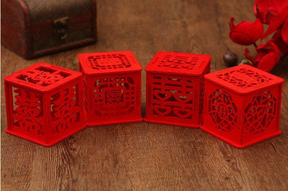 20 x Wood Wedding Favor Box - Double Happiness in Laser Cutout  - Chinese Wedding - Red - 4 Designs