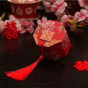 100 x Octagon Wedding favor box - Double Happiness with Chinese Peony - Chinese Wedding - Red