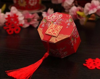 50 x Octagon Wedding favor box - Double Happiness with Chinese Peony - Chinese Wedding - Red