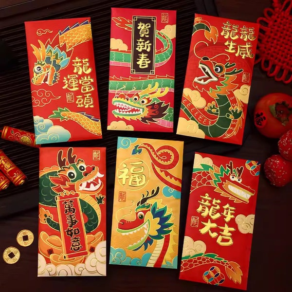 Set of 30 - 6 designs - CNY Red Packet - Year of the Dragon - 2024 Chinese New Year - Cute Cartoon Dragon