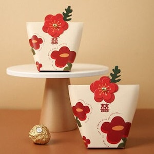 100 x Wedding Favor Box - Modern Chinese Double Happiness - Red Floral Pattern 2 - Small