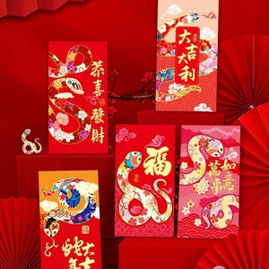 Set di 30 - 5 design - Pacchetto rosso CNY - Anno del serpente - Capodanno cinese 2025 - Serpente classico con messaggi di benedizione