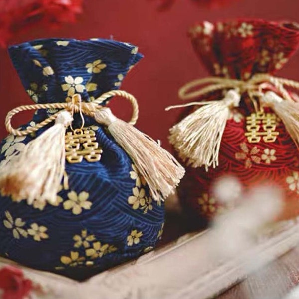 100 pochettes pour cadeaux de mariage - Pochette pour cadeaux en tissu - Sac à cordon avec motif floral japonais Sakura - Rouge / Bleu