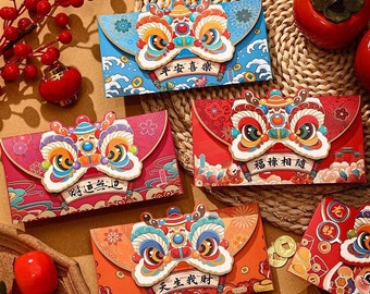Set van 12: rood pakket CNY: Chinees Nieuwjaar 2025, rode envelop maannieuwjaar, leeuwendans met zegenboodschap (rood, roze, blauw en oranje)