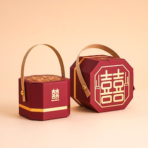 100 x Octagon Wedding favor box - Double Happiness  - Chinese Wedding - Red / Burgundy