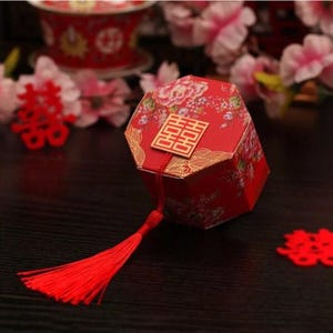 50 x Scatola bomboniera ottagonale - Doppia felicità con peonia cinese - Nozze cinesi - Rosso