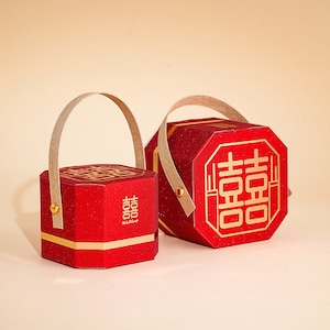100 x Octagon Wedding favor box - Double Happiness  - Chinese Wedding - Red / Burgundy