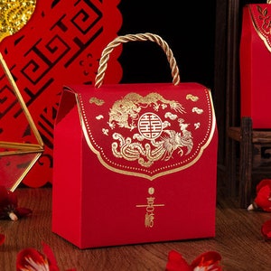 100 x Wedding favor box - Double Happiness with Dragon & Phoenix 2 - Chinese Wedding - L - Red or Burgundy