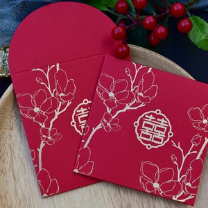 50 x Rotes Hochzeitspäckchen - Doppeltes Glück mit Magnolien - Chinesische Hochzeit